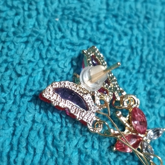 Elegant Pink and Goldtone Butterfly Post Dangle Earrings - Picture 3 of 4